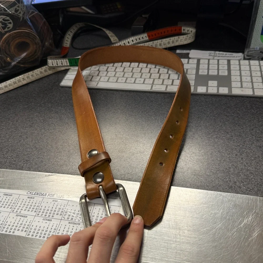 Leather Belt Mens 34 Tan Good Rugged Workwear Western Patina Buckle